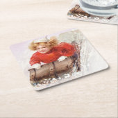 Vintages Mädchen auf Toboggan-Weihnachten Rechteckiger Pappuntersetzer (angewinkelt)