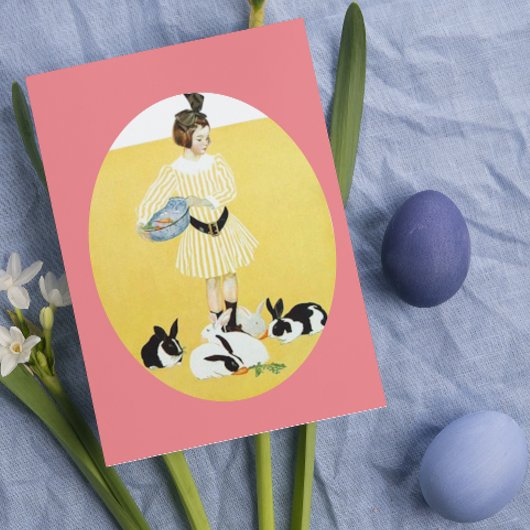 Vintages Mädchen füttre Kaninchen Feiertagskarte