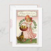 Vintages Mädchen, Hen, Kleeblätter & Osterwünsche Postkarte (Vorne/Hinten)