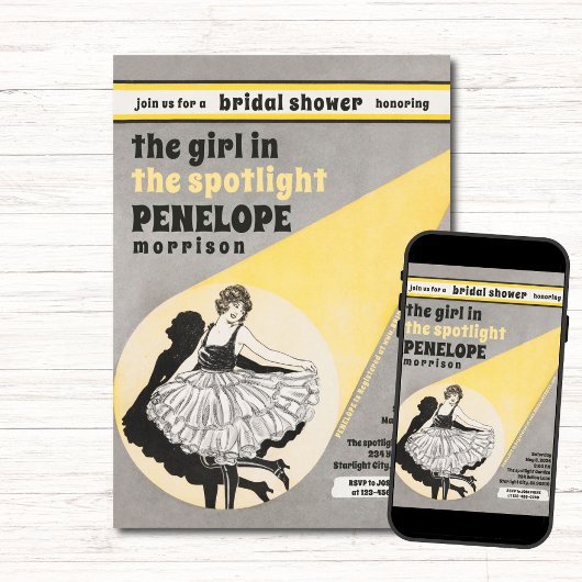 Vintages Mädchen im Spotlight-Brautparty Einladung
