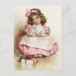 Vintages Mädchen in rosa Kleid mit Puppe Postkarte