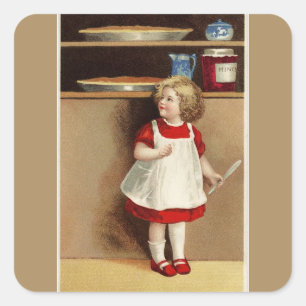 Vintages Mädchen in Rotem Kleid und Pies Quadratischer Aufkleber