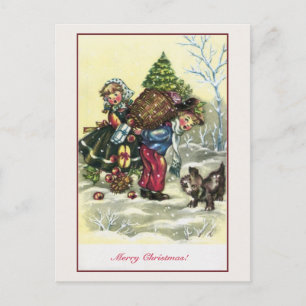 Vintages Mädchen, Junge Weihnachtsbaum Feiertagspostkarte