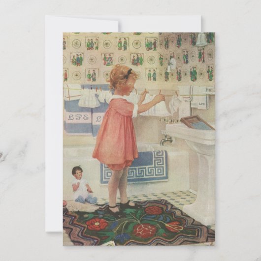 Vintages Mädchen, Kinderwäscherei Hängekleidung Einladung (Vorderseite)