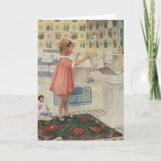 Vintages Mädchen, Kinderwäscherei Hängekleidung Karte (Vorderseite)