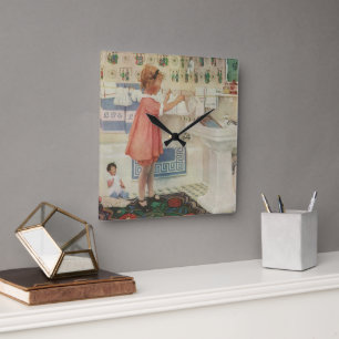 Vintages Mädchen, Kinderwäscherei Hängekleidung Quadratische Wanduhr