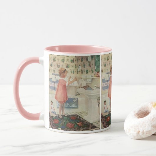 Vintages Mädchen, Kinderwäscherei Hängekleidung Tasse (Mit Donut)