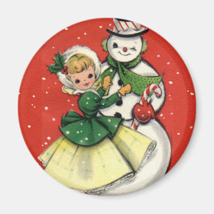 Vintages Mädchen KRW und Snowman-Weihnachtsmagnet Magnet