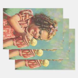 Vintages Mädchen mit Baby Chick, glückliches Kind  Geschenkpapier Set