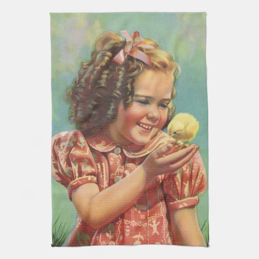 Vintages Mädchen mit Baby Chick, glückliches Kind Geschirrtuch (Vertikal)