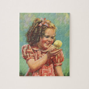 Vintages Mädchen mit Baby Chick, glückliches Kind Puzzle