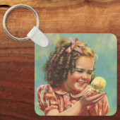 Vintages Mädchen mit Baby Chick, glückliches Kind  Schlüsselanhänger (Vorderseite)