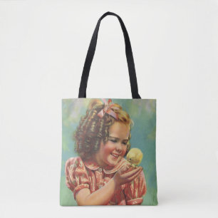 Vintages Mädchen mit Baby Chick, glückliches Kind Tasche