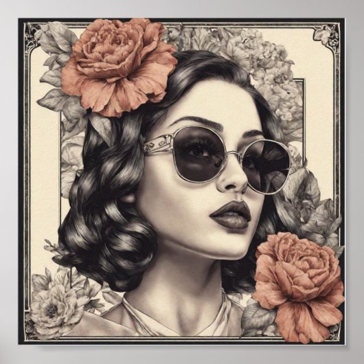 Vintages Mädchen mit Blume Poster (Vorne)