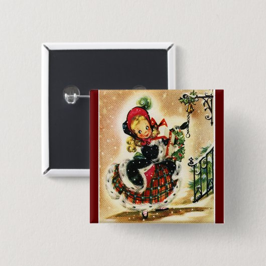 Vintages Mädchen mit Geschenktaste Button (Vorne & Hinten)