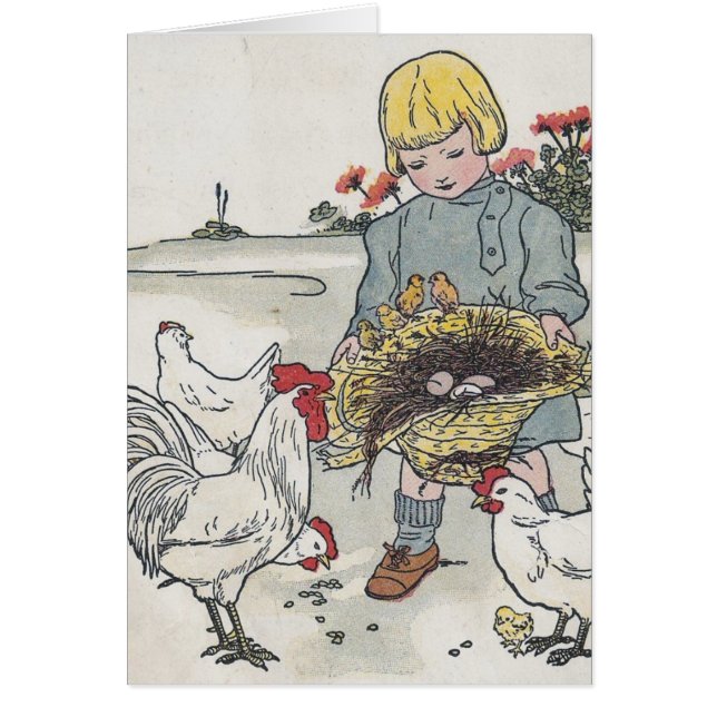 Vintages Mädchen mit Hühnern, E ist ein Ei (Vorne)