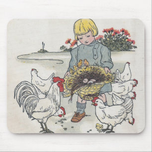 Vintages Mädchen mit Hühnern, E ist ein Ei Mousepad