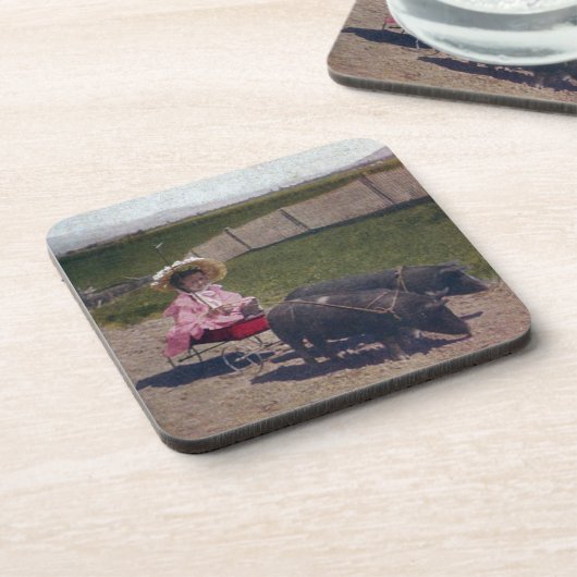 Vintages Mädchen mit ihren Haustieren Untersetzer (Linke Seite)