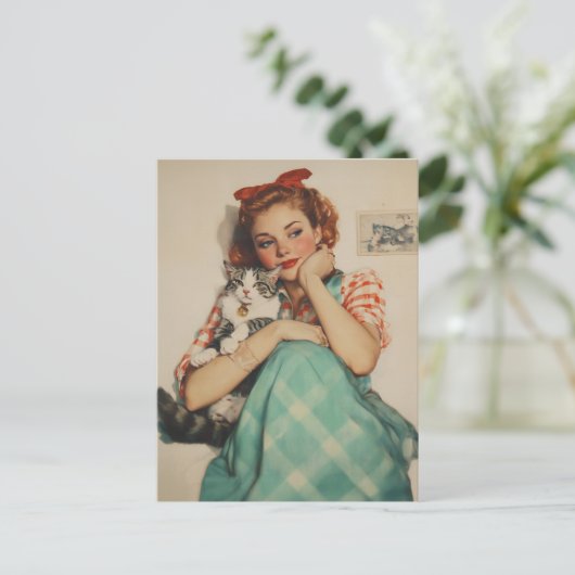 Vintages Mädchen mit Katze Postkarte (Stehend Vorderseite)