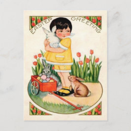 Vintages Mädchen mit Osterbünen & Eiern Ostern Feiertagspostkarte