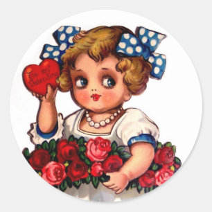 Vintages Mädchen mit Polka-Punkt-Bogen, Rosen u. Runder Aufkleber