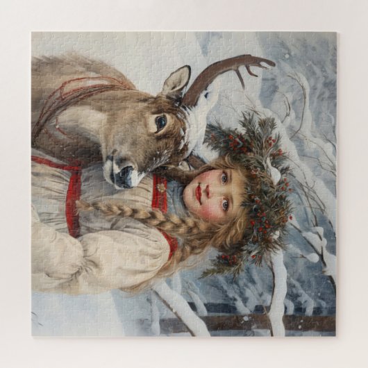 Vintages Mädchen mit Rentier Puzzle (Horizontal)