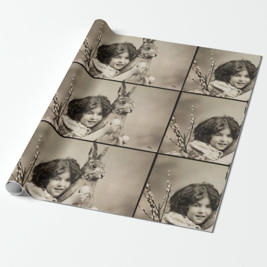 Vintages Mädchen mit Riesenhase Geschenkpapier (Ungerollt)