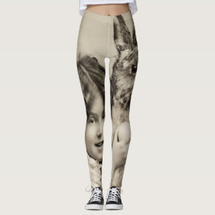 Vintages Mädchen mit riesigen Osterhasen-Leggings Leggings
