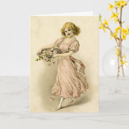 Vintages Mädchen mit Rose Karte (Gelbe Blume)