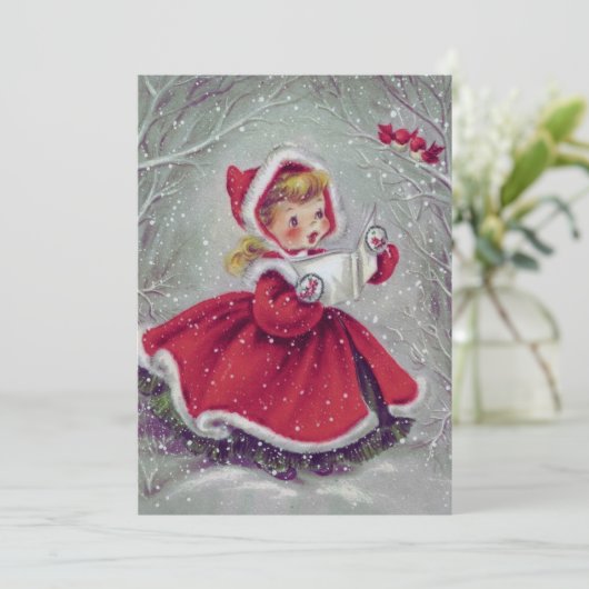 Vintages Mädchen mit Schneebären Weihnachten Karte (Stehend Vorderseite)