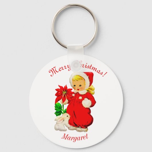 Vintages Mädchen mit sonniger Kaninchenweihnachtsk Schlüsselanhänger (Vorderseite)
