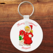 Vintages Mädchen mit sonniger Kaninchenweihnachtsk Schlüsselanhänger (Vorderseite)