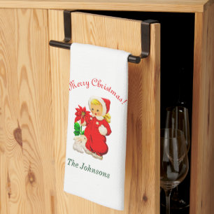 Vintages Mädchen mit sonniger Weihnachtsküche Hand Geschirrtuch