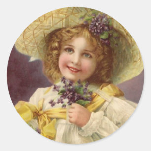 Vintages Mädchen mit Violett-Blume Runder Aufkleber