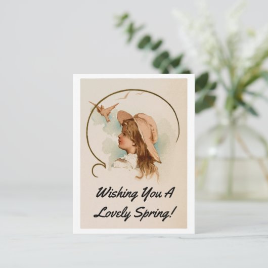 Vintages Mädchen mit Vögeln Postkarte (Stehend Vorderseite)