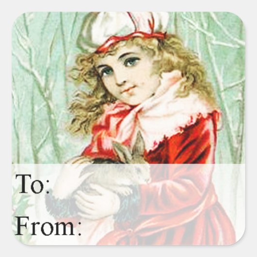 Vintages Mädchen mit Weihnachts-Kaninchen-Geschenk Quadratischer Aufkleber (Vorderseite)