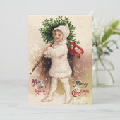 Vintages Mädchen mit Weihnachtsbaum, Ellen Clapsad Einladung (Stehend Vorderseite)