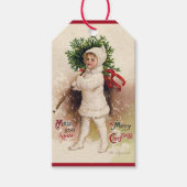 Vintages Mädchen mit Weihnachtsbaum, Ellen Clapsad Geschenkanhänger (Vorderseite)