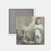 Vintages Mädchen und Hühner Magnet (Vorderseite/Rückseite)