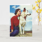 Vintages Mädchen und Hund, Geburtstag Karte (Gelbe Blume)