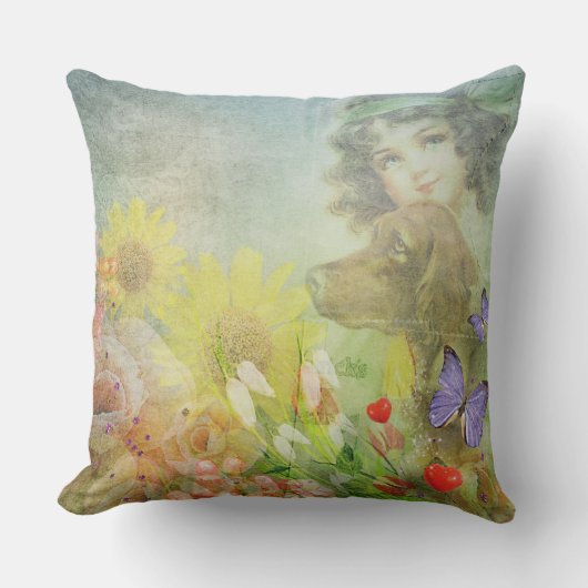 Vintages Mädchen und ihr Hundekissen Kissen (Vorderseite)