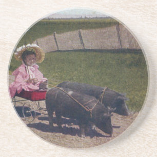 Vintages Mädchen und ihre Haustiere Schweine Untersetzer