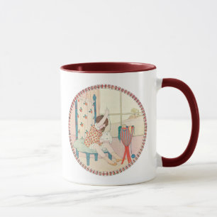 Vintages Mädchen und Näharbeit durch Willebeek L Tasse