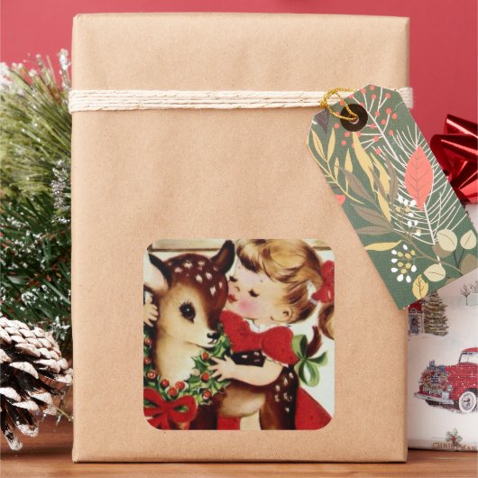 Vintages Mädchen und Rentiere Weihnachtsaufkleber Quadratischer Aufkleber (Feiertag)