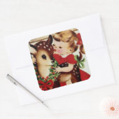 Vintages Mädchen und Rentiere Weihnachtsaufkleber Quadratischer Aufkleber (Umschlag)