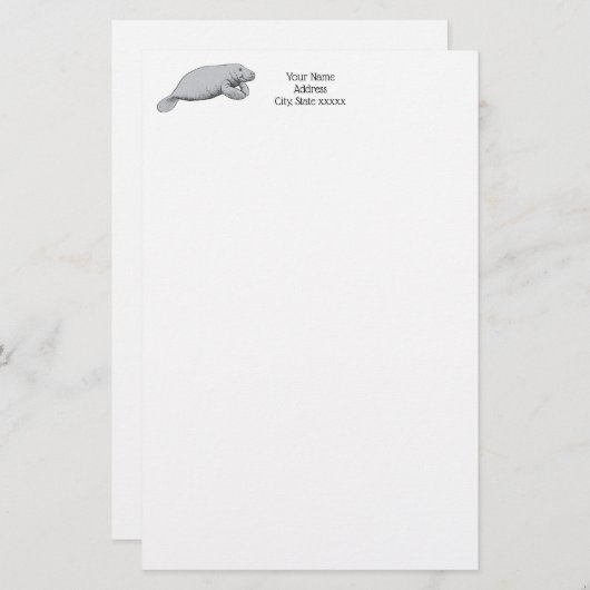 Vintages Manatee Zeichnend Briefpapier (Vorne/Hinten)