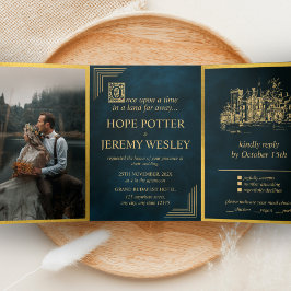 Vintages Märchenbuch Gold Smaragdmagie Dreifach Gefaltete Einladung