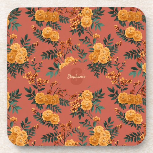 Vintages Marigold Calendula Floral Pattern Getränkeuntersetzer (Vorderseite)