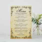 Vintages Menü "Parchment & Scrolls Budget Wedding" (Stehend Vorderseite)