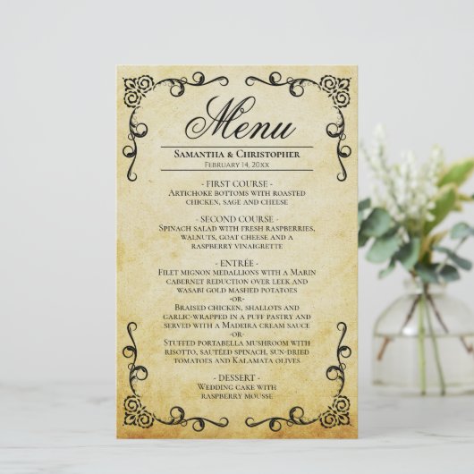 Vintages Menü "Parchment & Scrolls Budget Wedding" (Stehend Vorderseite)